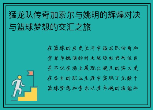 猛龙队传奇加索尔与姚明的辉煌对决与篮球梦想的交汇之旅